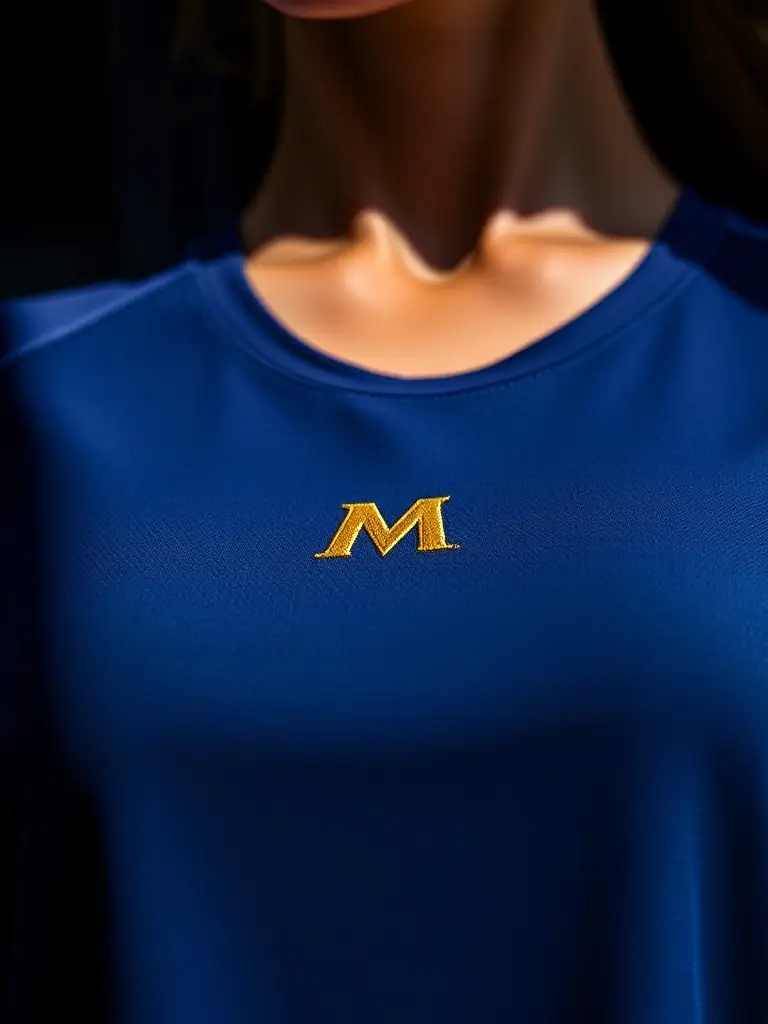 A detailed shot of the signature gold-accent logo on a piece from Miami Active's Fall Collection, showcasing its elegant and luxurious design.