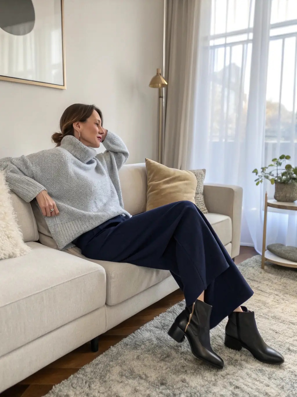 A lifestyle shot of someone wearing Miami Active's Fall Collection while relaxing at home, emphasizing the comfort and versatility of the apparel.
